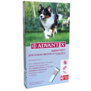 Advantix:> Капли от блох и клещей Адвантикс 250 для собак от 10 до 25кг, 4 пипетки по 2,5мл .В зоомагазине ЗооОстров товары производителя Bayer (Германия). Доставка.